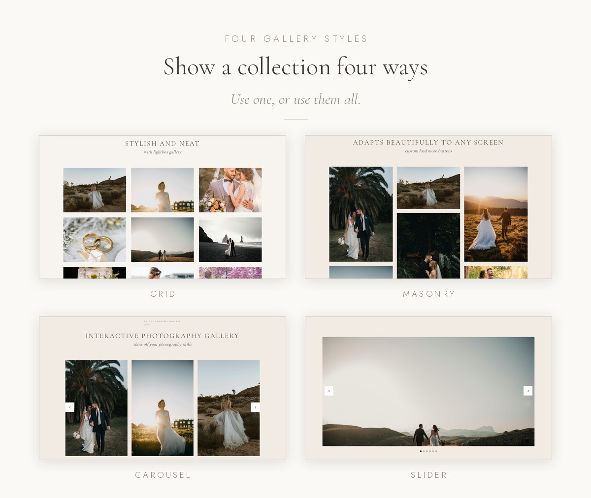 Kiara's four gallery styles: grid, masonry, carousel and slider