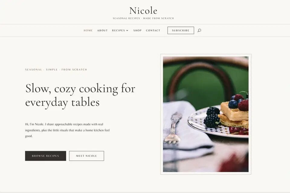 Nicole demo site: home page with seasonal recipes hero