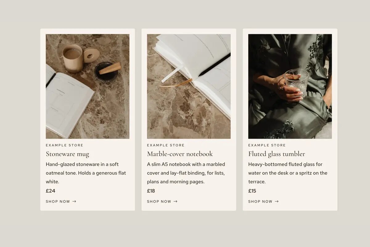 ShopCard: three product cards with photo, store, title, description, price and Shop now link