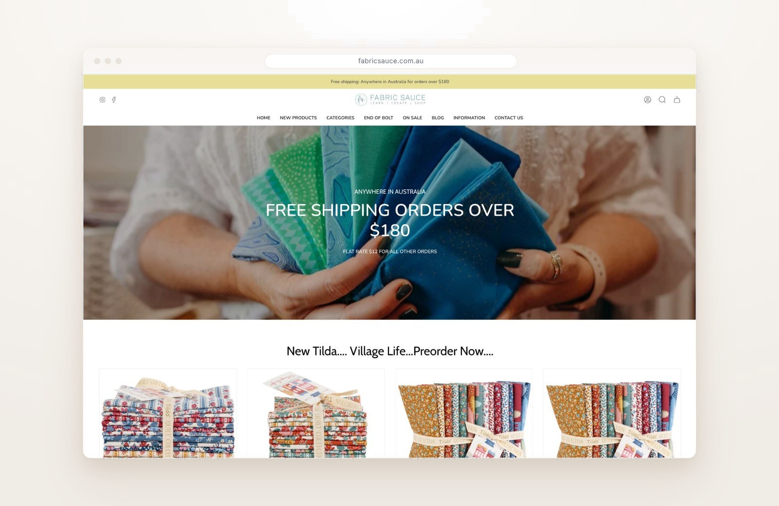 Fabric Sauce ecommerce website home page