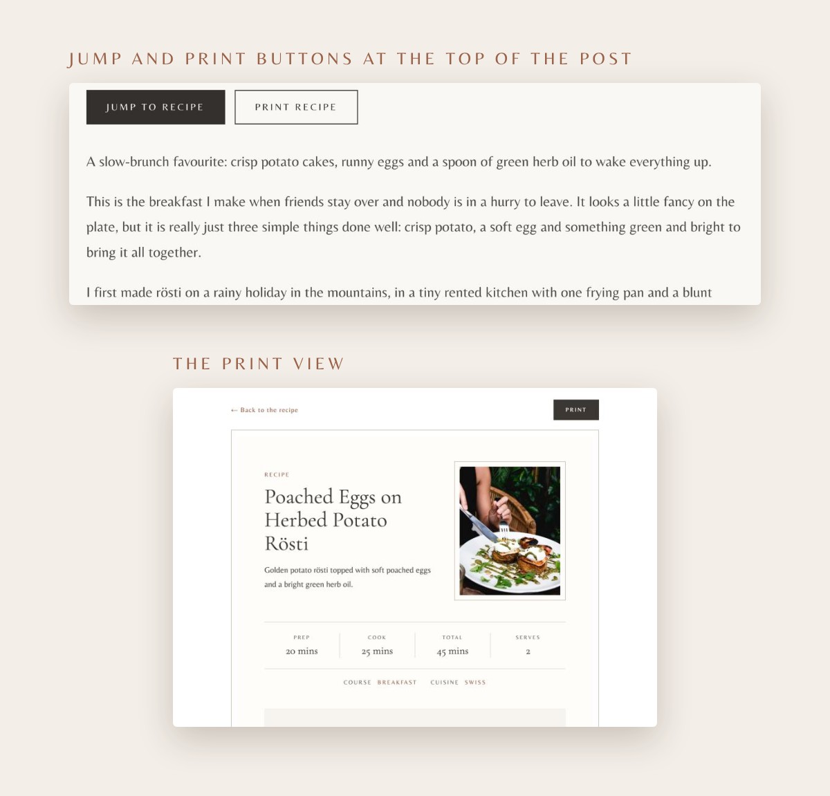 Jump to Recipe and Print Recipe buttons at the top of a post, and the RecipeCard print view