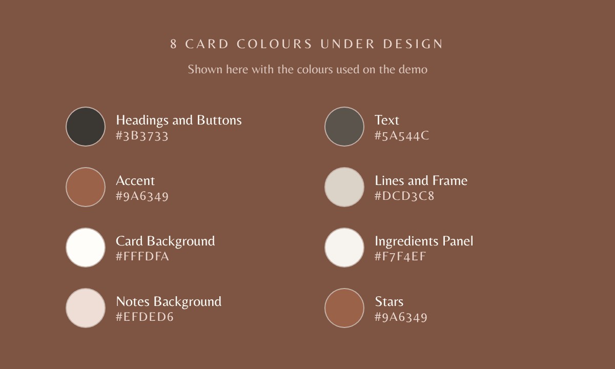 The eight RecipeCard colour settings, shown with the colours used on the Nicole demo
