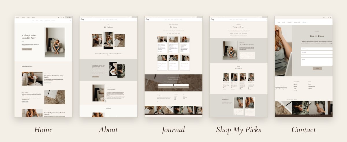 The five Romy pages The five Romy demo pages side by side: Home, About, Journal, Shop My Picks and Contact