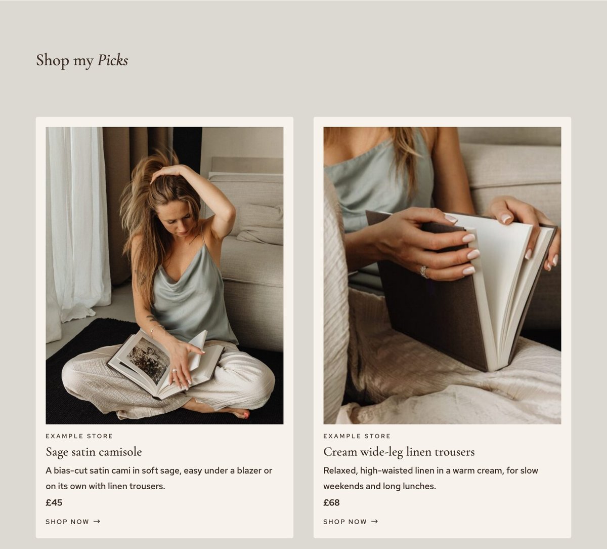 Shop my Picks on the Romy demo The Shop my Picks section of the Romy demo: two ShopCard product cards, a sage satin camisole and cream linen trousers, each with retailer, description, price and Shop now link
